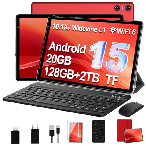 SKYEGG Tablet 10 Pulgadas 128 GB ROM–Ampliable hasta 2 TB, Android 15 con Gemini AI, 20 GB RAM, WiFi 6, Widevine L1, con Teclado, Ratón y Funda – Roja