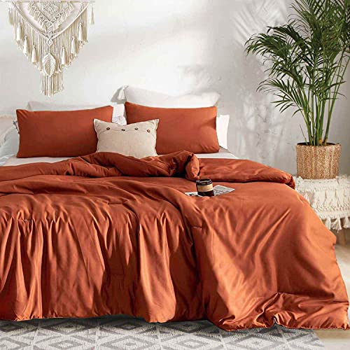 Nanko Queen Duvet Cover Set Burnt Orange 3Pc 90X90 Luxury Microfiber Comforter Quilt Bedding Cover With Deco Buttons Zip Closure Ties - Modern Elegant Style For Men And Women Chambray Teen Terracotta #TOP21