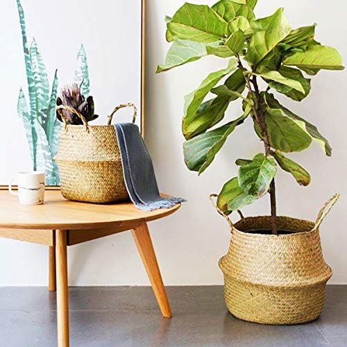 Kelisidunaec Seagrass Storage Basket, Woven Seagrass Belly Basket Home Storage Organizer Laundry Basket Foldable Woven Plant Basket with Handle for Toys Picnic Snacks Flower