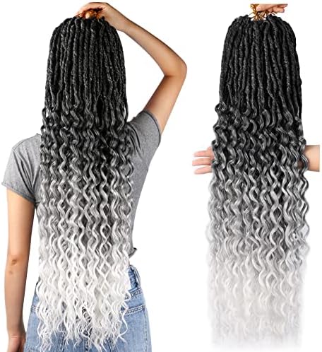 DAIRESS 8Packs Faux Locs Crochet Hair With Curly Ends 30Inch Soft Locs Pre-looped Goddess Locs Crochet Hair New Locs Curly Deep Wave Crochet Locs Synthetic Hair Extensions (30Inch Pack of 8, T1B/Grey/White)