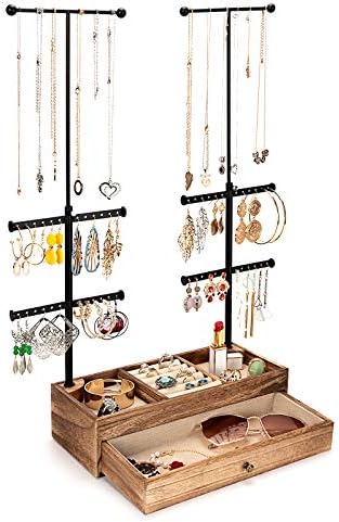 Emfogo Jewelry Organizer Stand Wood Basic Jewelry Drawer Storage Box with Double Rods & 6 Tier Jewelry Tree Stand Holder for Necklaces Bracelet Earring Ring Display(Carbonized Black)