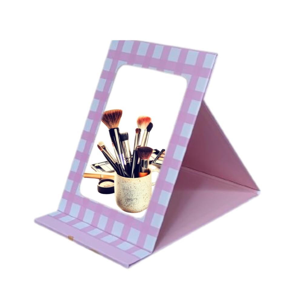 Cartoon Portable Folding Makeup Mirror,Frameless Pu Leather Vanity Mirror with Stand,Tabletop Adjustable Creative Sturdy Fashion Mirror,Rectangle Cosmetic Makeup Mirror (Pink)-image-12