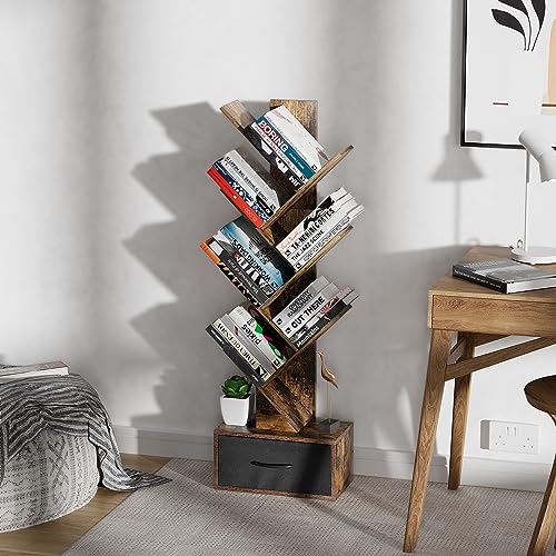 Egepon Estante de árvore de 6 camadas com gaveta, prateleira de livros marrom rústica para armazenam
