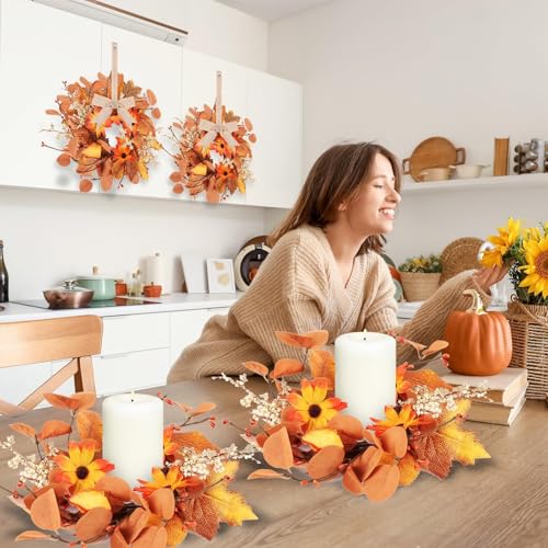 Image of 6 Pcs 3 Inch Fall Floral Swags Wreaths Mini Autumn Harvest Sunflowers Leaves Berries Candle Rings Wreath Mini Thanksgiving Table Centerpiece Wreath for Pillar Cabinets Farmhouse Front Door Decoration