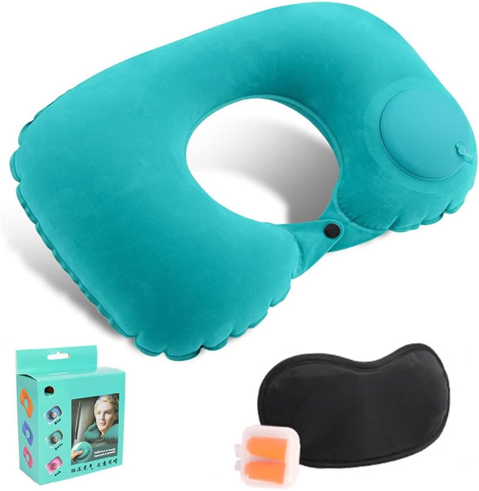 Inflatable Travel Pillow,Travel Pillow for Neck,1 Pair Ear Plugs and 1 Pcs Blindfold Adjustable,Comfortable Neck and Head Support Pillow for Plane Cars Trains, Soft Flight Travel Cushion for Sleeping