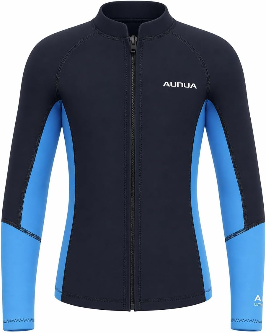 Kids Wetsuit Top for Boys & Girls 2mm Neoprene Front Zip Long Sleeve | Front Zip Thermal Wet Suit Jacket for Youth, Ultra-Stretch Neoprene Long Sleeve for Surfing, Swimming, Diving, Snorkeling