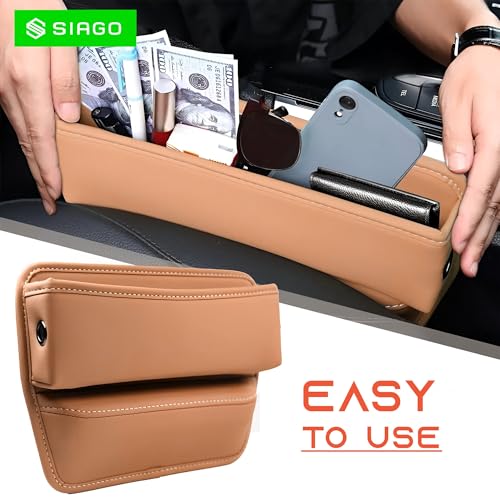 Image of SIAGO Car Seat Gap Filler Organizer | Premium PU Leather Storage Box for Phone | Car Accessories for Keys, Cards & Coins | Universal Fit for Cars, SUVs & Trucks (Tan) (SIA133)