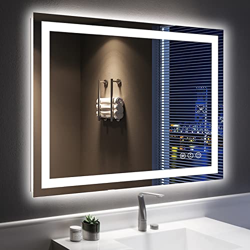 Image of 40x32 Inch LED Bathroom Mirror with Lights Front and Backlit Lighted Vanity Mirror for Bathroom Wall with 3 Colors Dimmable Anti-Fog Memory Shatter-Proof IP54 Waterproof Horizontal /Vertical
