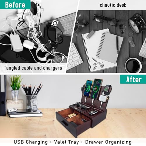 Xunhomon Wood Phone Docking Station with Drawer 4 USB Nightstand Organizer Charging Station with QC 3.0 & PD USB C Fast Charger for iPhone Android Mens Jewelry Box Anniversary Birthday Gifts for Men