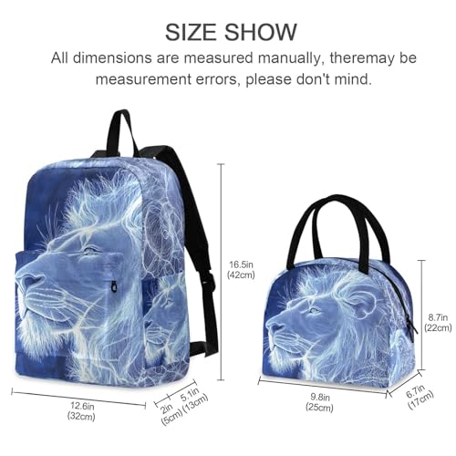Backpack Lunch Box Set Large Capacity Travel Backpacks and Insulated Lunch Bag for Commute Hiking Picnic Line Art Lion Print2