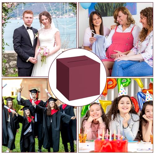 Image of Hooqict Burgundy Card Box with Slot 9.1 inch Money Gift Card Box for Graduation, Wedding, Reception, Party, Birthday, Retirement, Raffle Box Envelope Ticket Holder
