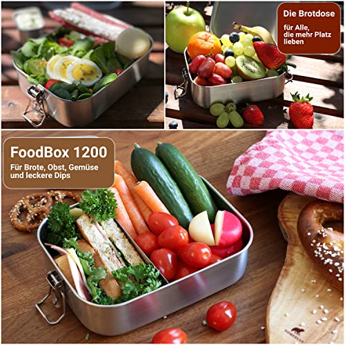 HOMEBEAR® Edelstahl Brotdose | Lunchbox 1200 ml | Set mit Box für Dips | Verschiebbare Trennwand | Auslaufsicher und Plastikfrei | Brotbox Jausenbox