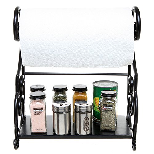 Mygift Black Metal Paper Towel Holder Stand And Condiment Shelf Rack With Decorative Scrollwork Design #TOP1