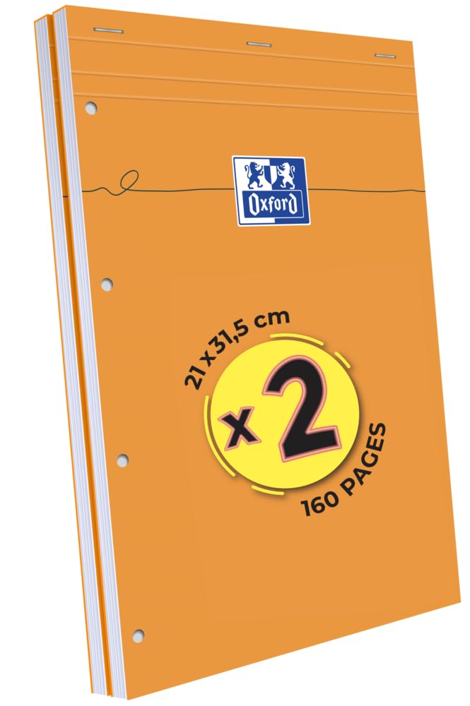 Oxford Pack of 2 A4 Orange Perforated Notepads with Small Squares 5 mm 80 Sheets Stapled Card Cover Orange
