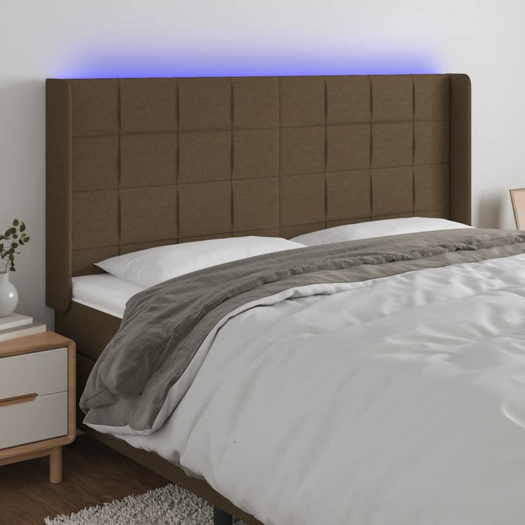Cabecero de cama LED marrón oscuro, 203 x 16 x 118/128 cm, altura ajustable con tiras LED coloridas, acolchado transpirable, cabecero para jóvenes y adultos en el dormitorio