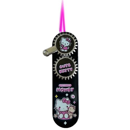 NIVEK Rocker Arm Lighter Gear Dial Lighter Kitty KT Cat Melody Kulomi Japanese Character Kawaii Blue Flame Jet Torch Refillable Black with Silver Rocker Dial (Cute Kitty) - Cute Kitty