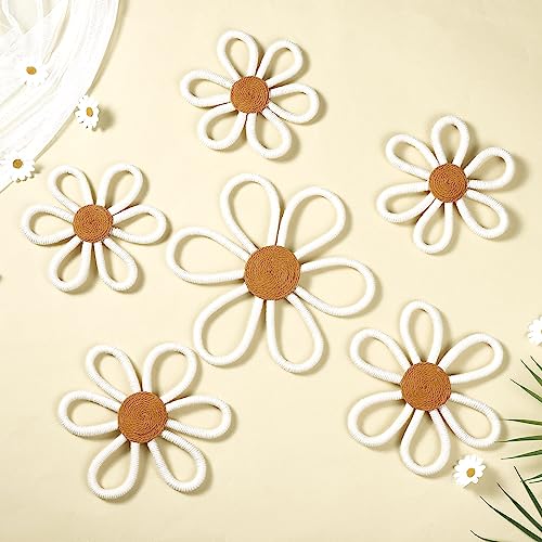 Image of Barydat 6 Pcs Boho Nursery Decor Daisy Flower Woven Macrame Wall Hanging 3 Size Daisy Flower Wall Decor Bohemian Nursery Decorations for Home Dorm Art(White)