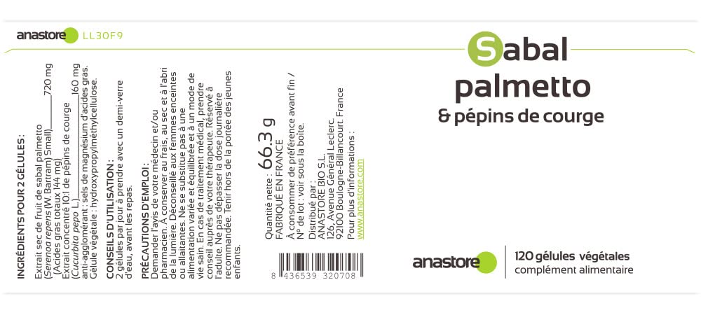 SABAL PALMETTO et pépins de courge * 440 mg / 120 gélules végétales * Appareil urinaire, Prostate