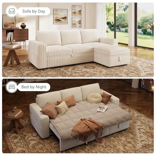 Image of HONBAY Modular Sectional Sofa with Pull Out Bed,Corduroy L Shaped Sleeper Sofa with Storage, Sectional Couches for Living Room,Beige
