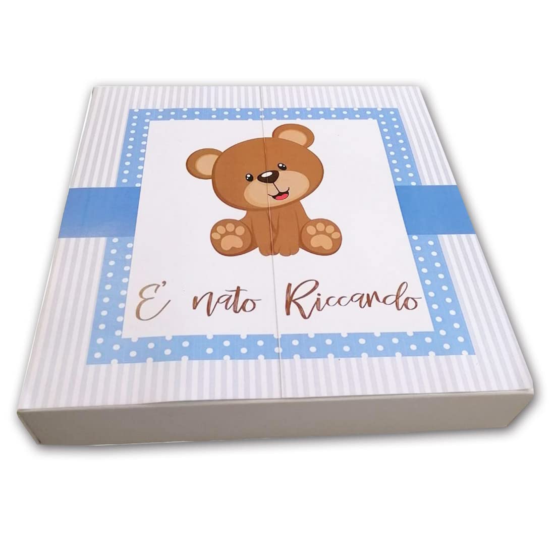 Scatola Box bomboniere cubetto Orsetto celeste Personalizzabile vassoio torta porta confetti per nascita battesimo bimbo con confetti e bigliettini kit allestimento sweet table confettata
