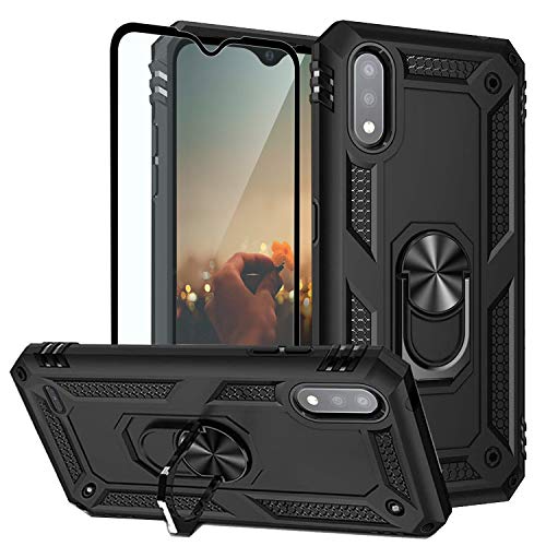 Tjs Compatible With Lg K22 Case, Lg K22 Plus+ Case, Lg K32 Case, With Tempered Glass Screen Protector, Defender Metal Ring Kickstand Magnetic Support Heavy Duty Protector Cover Phone Case (Black) #TOP2