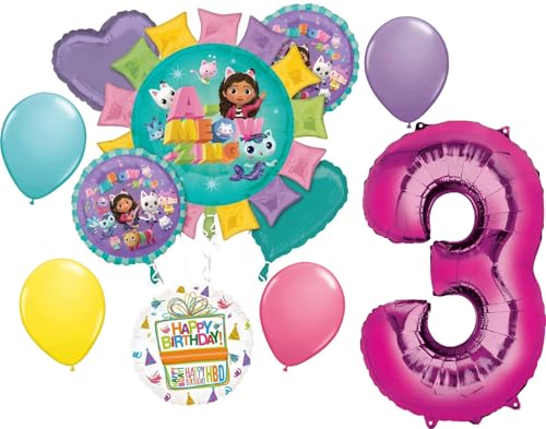 Gabby's   Ramo de globos para decoración de fiesta de cumpleaños de 3er cumpleaños con gatos y casa de muñecas