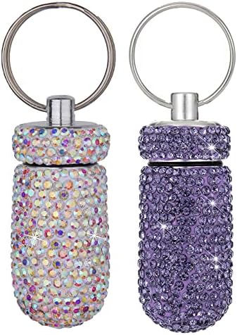 AOZOOSA 2 Pieces Bling Pill Case Pill Container Rhinestone Pill Box Portable Travel Pill Holder Storage with Keychain for Outdoor Camping Traveling(Purple/AB)