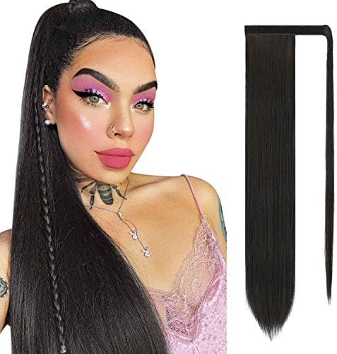 Sofeiyan Long Straight Ponytail Extension 26 inch Wrap Around Ponytail Synthetic Hair Extensions Clip in Ponytail Hairpiece for Women, Darkest Brown & Dark Auburn Mixed