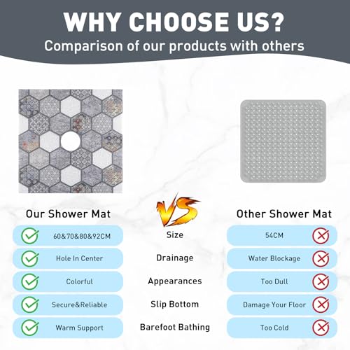 Image of Square Shower Mat Non Slip: 36 x 36 Inch Extra Large Shower Mats with Drain Hole in Middle - PVC Loofah Anti Slip Shower Floor Matt for Inside Shower