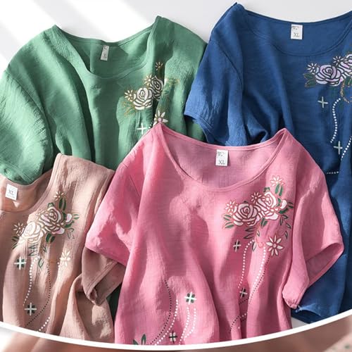 Image of FindThy Women's 2 Piece Linen Outfits Short Sleeve Floral Print Lounge Sets Crewneck Summer Suits
