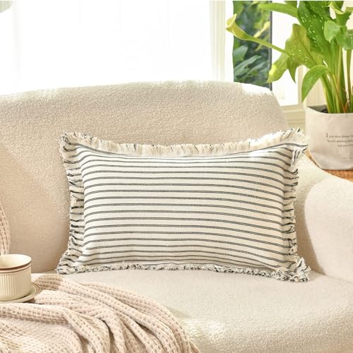 Image of ZWJD Throw Pillow Covers 12x20 Set of 2 Striped Pillow Covers with Fringe Chic Cotton Decorative Pillows Square Cushion Covers for Sofa Couch Bed Living Room Farmhouse Decor, (Black)