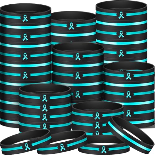 Hiboom 100 Pcs Ovarian Cancer Awareness Silicone Bracelets Teal Ribbon Rubber Wristbands Bulk Healthcare Awareness Gifts for Cervical Cancer & PTSD Support Social Charity Event Pack