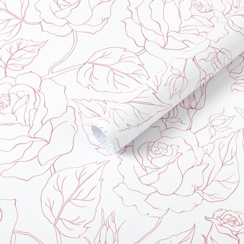 Heroad Peel and Stick Wallpaper Floral Pink Rose Wall Paper Boho Contact Paper Removable Flower Wallpaper for Bedroom Cabinets Self-Adhesive Decoration Thicken Vinyl 17.3In x 6.6Ft