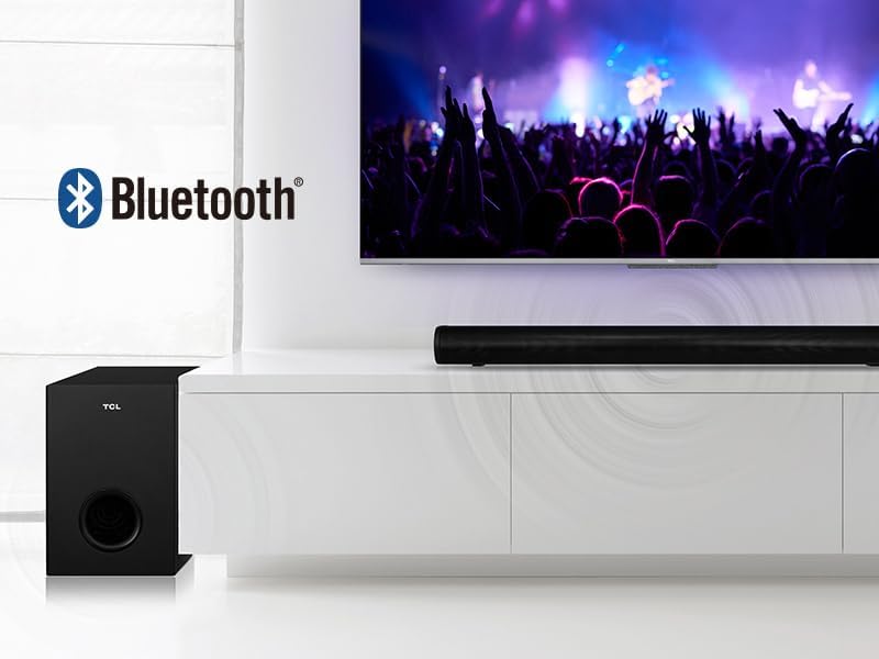 TCL S522W Soundbar with Bluetooth logo and TV showing concert