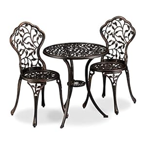 Relaxdays Balkonmöbel Set, 3-teilig, Balkontisch mit 2 Stühlen, verziert, Aluminium, Bistrotisch HxD: 65×60 cm, Bronze