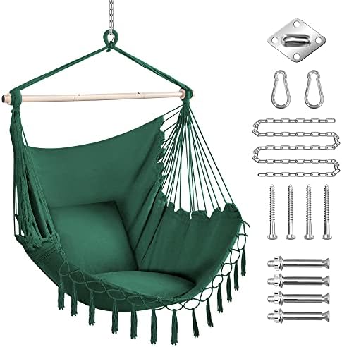 PUREKEA Oversized Hammock Chair with Hanging Hardware Kit, Swing Chair for Indoor & Outdoor, Max 250 Lbs, Include Carry Bag & Two Soft Seat Cushions (Green)
