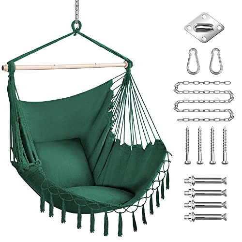 Purekea Oversized Hammock Chair With Hanging Hardware Kit, Swing Chair For Indoor & Outdoor, Max 250 Lbs, Include Carry Bag & Two Soft Seat Cushions (Green) #TOP28