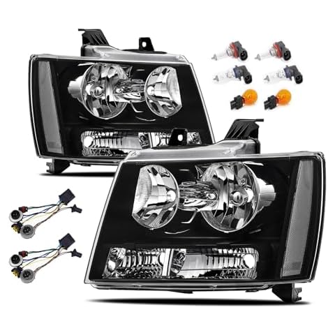 APSVE Headlights Assembly w/Bulbs & Harness compatible with 2007-2013 Chevy Tahoe Avalanche Suburban Halogen Head Light Headlamp Assembly, Black Housing Clear Side Cover