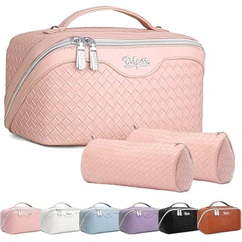 Travel Makeup Bags Cosmetic Organizer Bag: Large Capacity Make up Bag Set of 3 - Vegan Leather Toiletry Bag for Women - Portable Makeup Organizer with Compartments & Handle & Divider (01 Light Pink) Cover