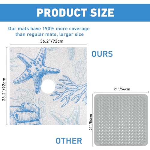 Image of Square Shower Mat Non Slip: 36 x 36 Inch Extra Large Shower Mats with Drain Hole in Middle - PVC Loofah Anti Slip Shower Floor Matt for Inside Shower