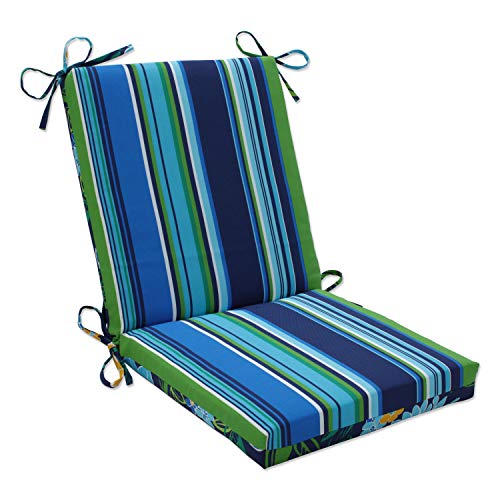 Pillow Perfect Reversible Floral Stripe Indoor/Outdoor Solid Back 1 Piece Square Corner Chair Cushion with Ties, Deep Seat, Weather, and Fade Resistant, 36.5