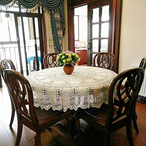 USTIDE 180cm Round Cotton Crochet Lace Tablecloth Beige Vintage Woven Dining Kitchen Table Cover, 70.9 inch (Round) - Image 3
