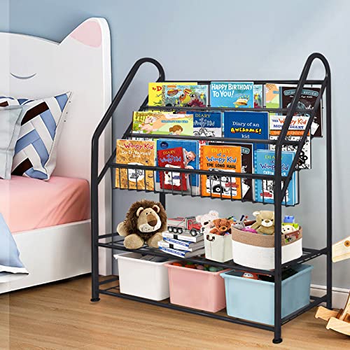 Image of aboxoo Metal Kids Bookshelf Black Large Freestanding for Children Room 32 in Toy Organizer Large Stable Bookcase Bookstore Library Book Unit Storage Kids Bed Living Room