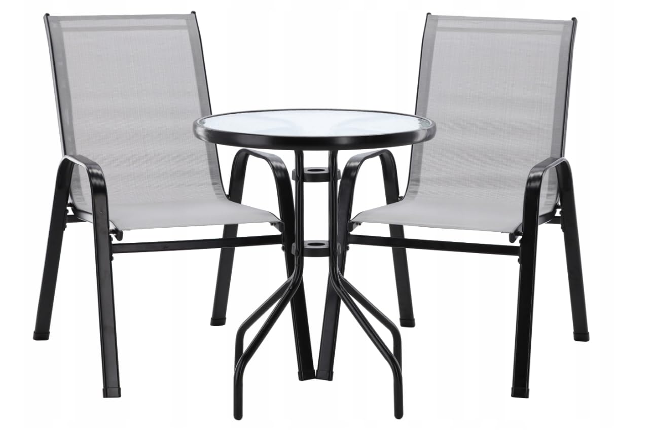 BDW Set di 3 mobili da balcone con tavolo rotondo in vetro temperato e 2 sedie impilabili, textilene e metallo, per terrazza, balcone, giardino (grigio)