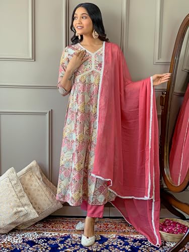 Image of Navlik Women's Viscose Rayon Embroidered and Printed Flared Kurta with Pant and Dupatta Sets (NK-411)