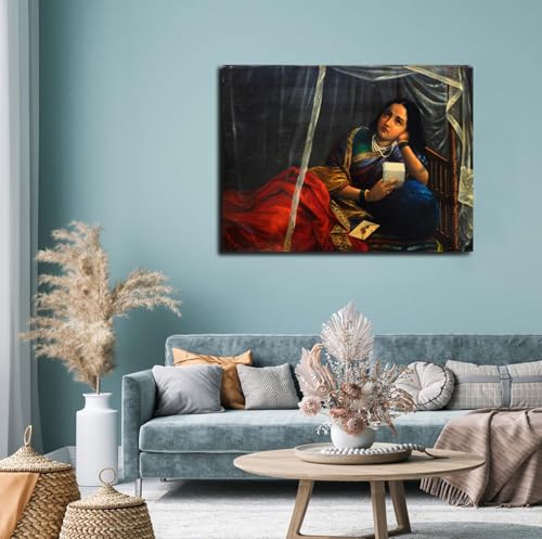 Image of Sikhash Raja Ravi Varma Canvas Painting Classic Art Indian Art Famous Artist Wall Painting for Living Room Unframed Multicolor Fabric Size - 35x26 inches (89x66 cms, Woman weeping in Love)