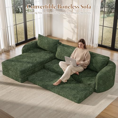 Image of Vesgantti 6 in 1 Convertible Folding Sleeper Sofa Bed, No Assembly, Green | 110.2 inch L Shaped Modular Sectional Sofa, Curved Armrest, Deep Seat Boneless Couches for Living Room, Chenille, Left Facing