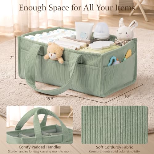 Image of Corduroy Baby Diaper Caddy Organizer with Handles, Nursery Storage Basket