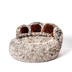 Jiupety Pet Round Bed of Paw Shape, Calming Donut Dog Bed for Small Dog, Faux Fur Cat Bed for Cat, Comfortable and Soft, Machine Washable, Medium Size (22″×22″×6″), Gray