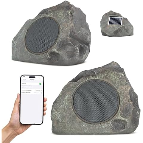 Homewell Solar Rock Speakers - Outdoor Waterproof Speakers Bluetooth Wireless - Weatherproof Landscape Speakers for Pool, Patio, Deck, Backyard, Garden - Year Round Out Door Speakers (2-Pack, Grey) Cover